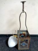 A 19th century copper hanging light fitting with four leaded glass panels together with a further