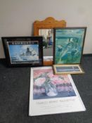 A pine framed wall mirror together with four prints to include Charles Rennie Mackintosh