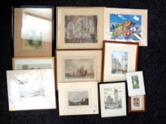 A box containing assorted pictures and prints,