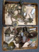 A oak canteen containing assorted brass wall lights pendant lights with glass shades, cutlery box,