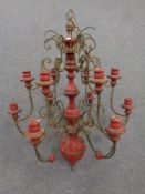 An antique Belgian painted metal and wood six branch,