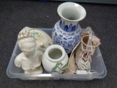 A box of chalk female bust, Portmeirion vase, alabaster table lamp,