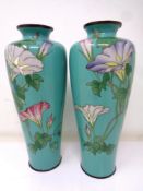 A pair of Japanese silver wire inlaid cloisonne vases. Height 18.