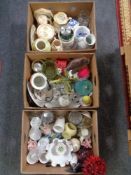 Three boxes containing assorted ceramics and glass ware, Ringtons caddy,