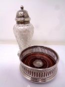 A silver and oak wine coaster bearing London hallmarks together with a further silver and cut glass