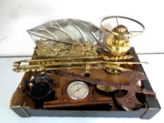 A box of assorted metal ware to include antique companion pieces, brass oil lamp base,