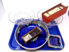 A tray containing two sets of wooden cased antique dominoes together with two pieces of Maling