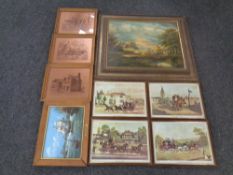 A oil on canvas workers loading a hay cart together with eight other framed prints to include