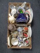 Two boxes of 19th and 20th century ceramics, teapot, jugs, dinner ware,