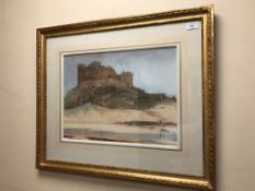 Sir William Russell Flint RA (1880 - 1969) : Three Figures on Bamburgh Beach with the Castle Beyond,