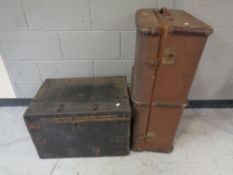 A 19th century pine chest upholstered in a buttoned leather together with a Bentwood travelling