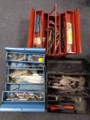 Two metal concertina tool boxes together with a further plastic tool box containing assorted hand