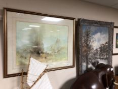 A continental school oil on canvas, Amsterdam canal scene, in ornate frame, indistinctly signed,