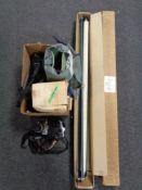 A box containing projector screen and projector together with a bag containing a Pentax MZ camera