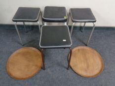 Four 20th century metal framed stools together with two Swedish teak Savsjo circular serving trays