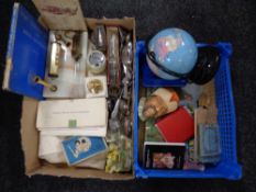 A box and a crate containing miscellany to include cutlery, table lighters, desk stand,