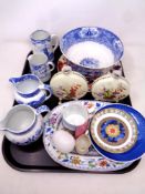 A tray containing antique and later ceramics to include Wedgwood, Saxon, Copeland Spode,