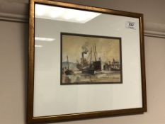 Peter Knox (b. 1942) : Boats Moored off a Jetty, watercolour, signed, 12 cm x 17 cm, framed.