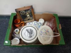 A box of miscellaneous glass ware and ceramics to include Wedgwood Clementine cabinet china,