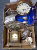 Two boxes containing miscellanea to include plated tea wares, basket, goblets, Eastern brass plaque,