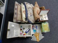 A small wooden jewelry box containing a quantity of costume jewelry together with a sewing box with