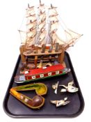 A tray containing miscellany to include three ceramic graduated ducks in flight figures,