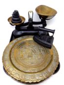 A set of antique brass pan kitchen scales with weights together with a T Sheldon and Company cast