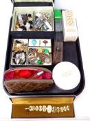A tray of bag and jewellery box containing a quantity of costume jewellery, lady's wristwatch,