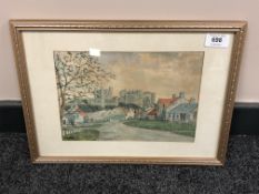 M M Hay : Bamburgh Castle from the Village, watercolour, signed, 17 cm x 25 cm, framed.