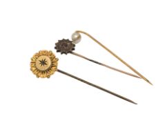 Three gold pins set with ruby/diamond/pearl (3)