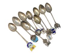 A collection of silver and enamel Scottish, Welsh spoons, Glasgow, Forfar, Dumfries, Edinburgh,