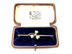 A 15ct gold brooch set with three heart shaped opals and central pearl