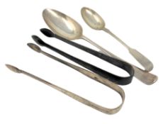 Two Georgian silver spoons, similar tongs,