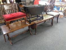 A mahogany flap sided sofa table, coffee table, a drop leaf coffee table,