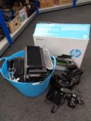 An HP Office Jet 2622 printer, boxed, together with a builder's bucket containing colour printer,