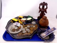 A tray of miscellany to include silver plated gallery tray, die cast vehicles, assorted coins,