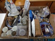 Two boxes of Tetley ornaments, continental figures, tea ware, serving trays,