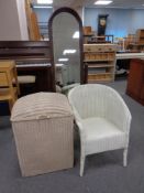 A mid 20th century painted loom armchair and linen basket,