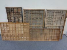 Five vintage printer's type trays