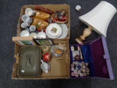 Two boxes of assorted ceramics, wooden clogs, Denby lidded tureen, sewing kit, table lamp and shade,