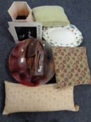 A large contemporary glass bowl together with a pottery sculpture of a house,