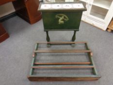 An antique painted pine Delft rack and a narrow hall cupboard