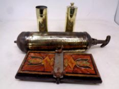 A box of vintage Pyrene fire extinguisher, wooden press,