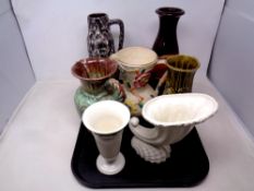 A tray of seven assorted ceramic and pottery vases : West German, Wedgwood,