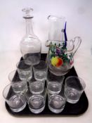A tray of assorted glass ware - whiskey decanter, nine whiskey glasses,