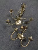A pair of contemporary brass five way chandeliers together with eleven matching two-way wall lights