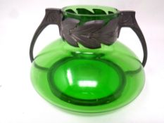 An Art Nouveau pewter and green glass vase together with four etched whiskey glasses.