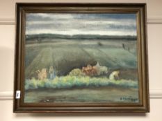 Continental school : Figures in farm land, oil on canvas, 58 cm x 46 cm.