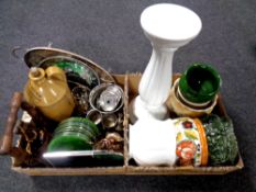 Two boxes containing a quantity of antique and later jardinieres, jardiniere on stand,