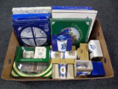 A box containing a quantity of boxed Ringtons ceramics to include Willow patterned serving dish,